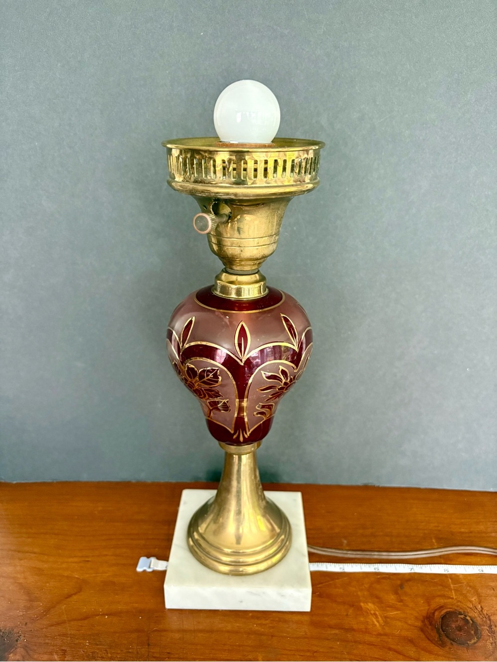 Vintage-Inspired Brass and Burgundy Table Lamp with Marble Base